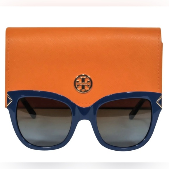 Tory Burch - Blue Oversized Sunglasses W/ Golden Geometric Accents - Picture 1 of 5